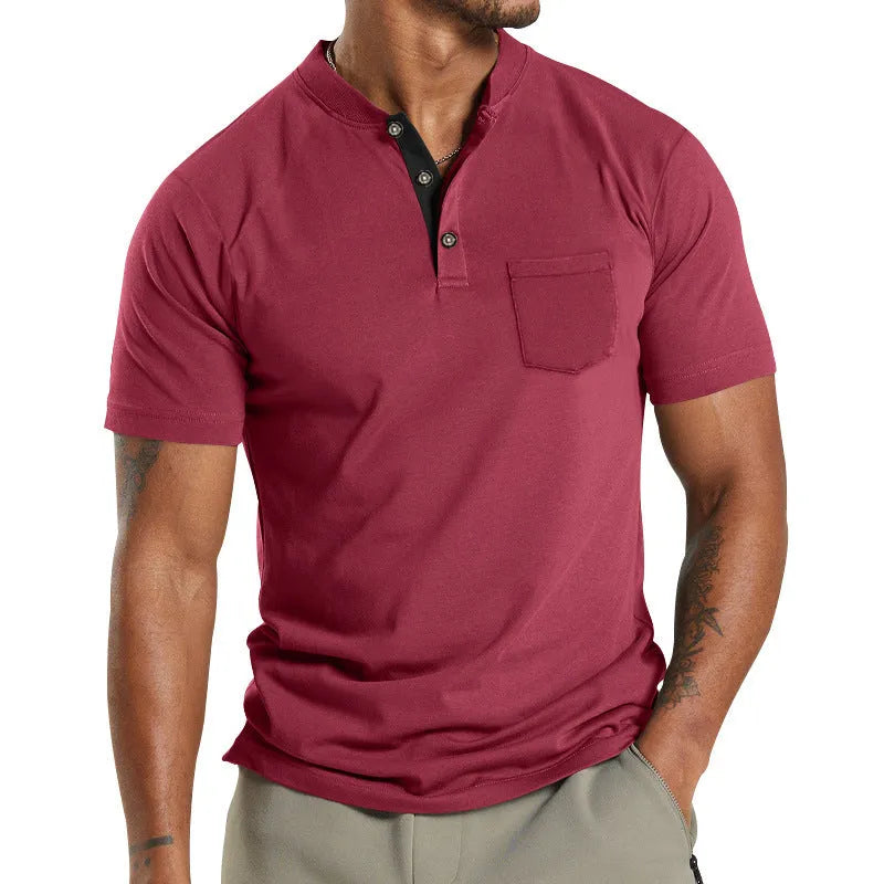 Men's plus size solid colour short sleeve polyester shirt with a button pocket on the chest.