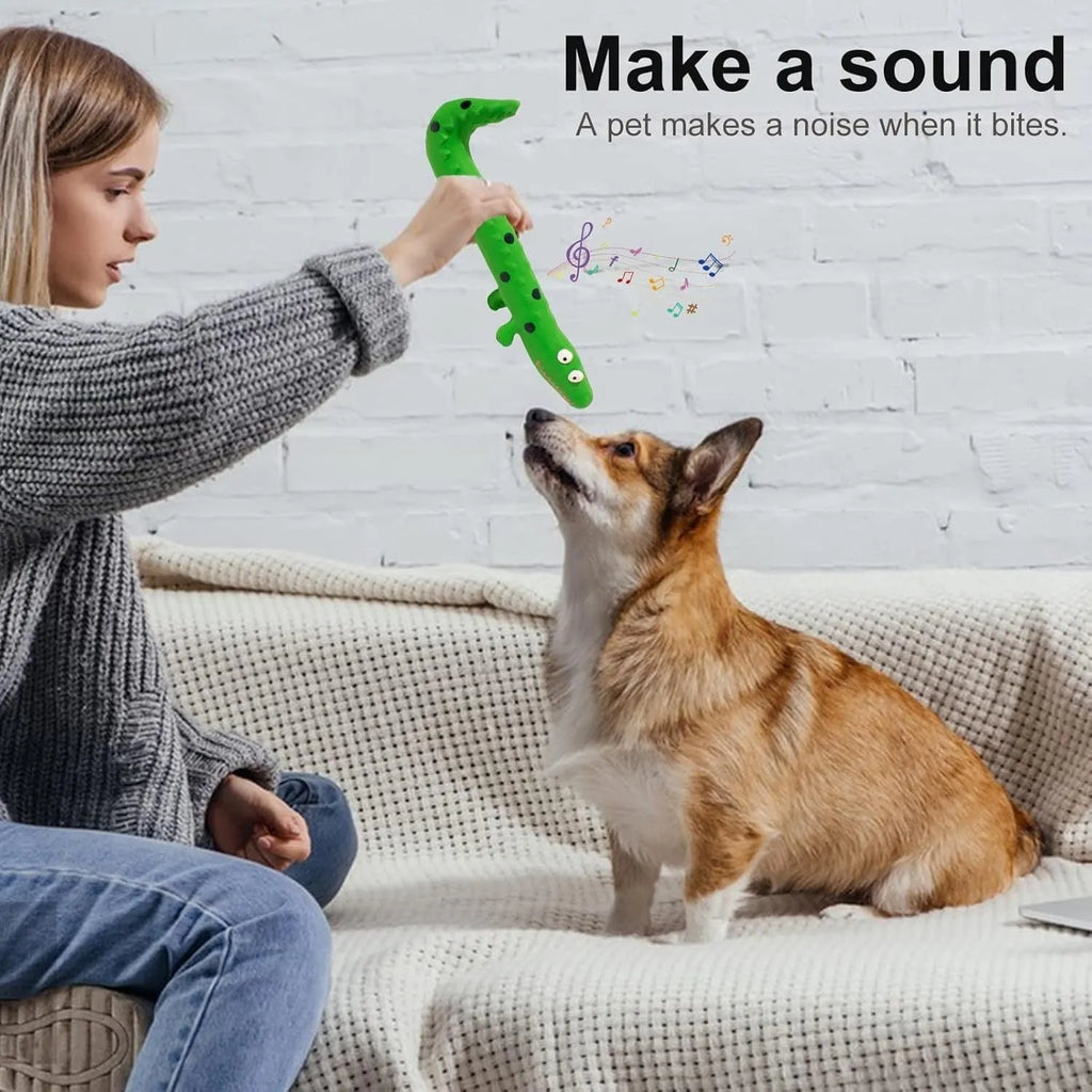 Green cartoon lizard-shaped squeaky dog chew toy for aggressive chewers.