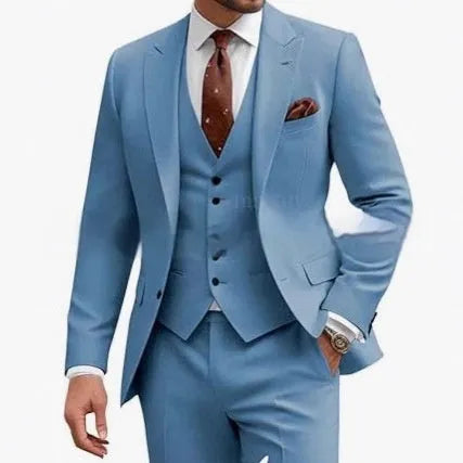 Men's slim fit three-piece suit in acetate fibre blend available in nine colours with Asian sizing