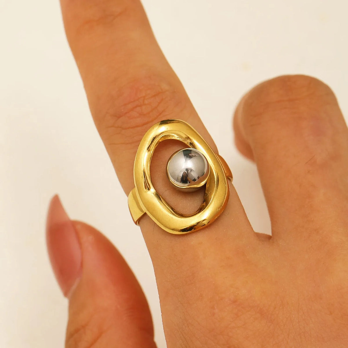 Stainless steel open ring with 18K real gold finish, geometric hollow line and ellipse shape for women
