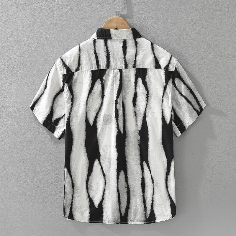 Retro striped short sleeve shirt in pure cotton, shown in black and brown colours on a hanger.