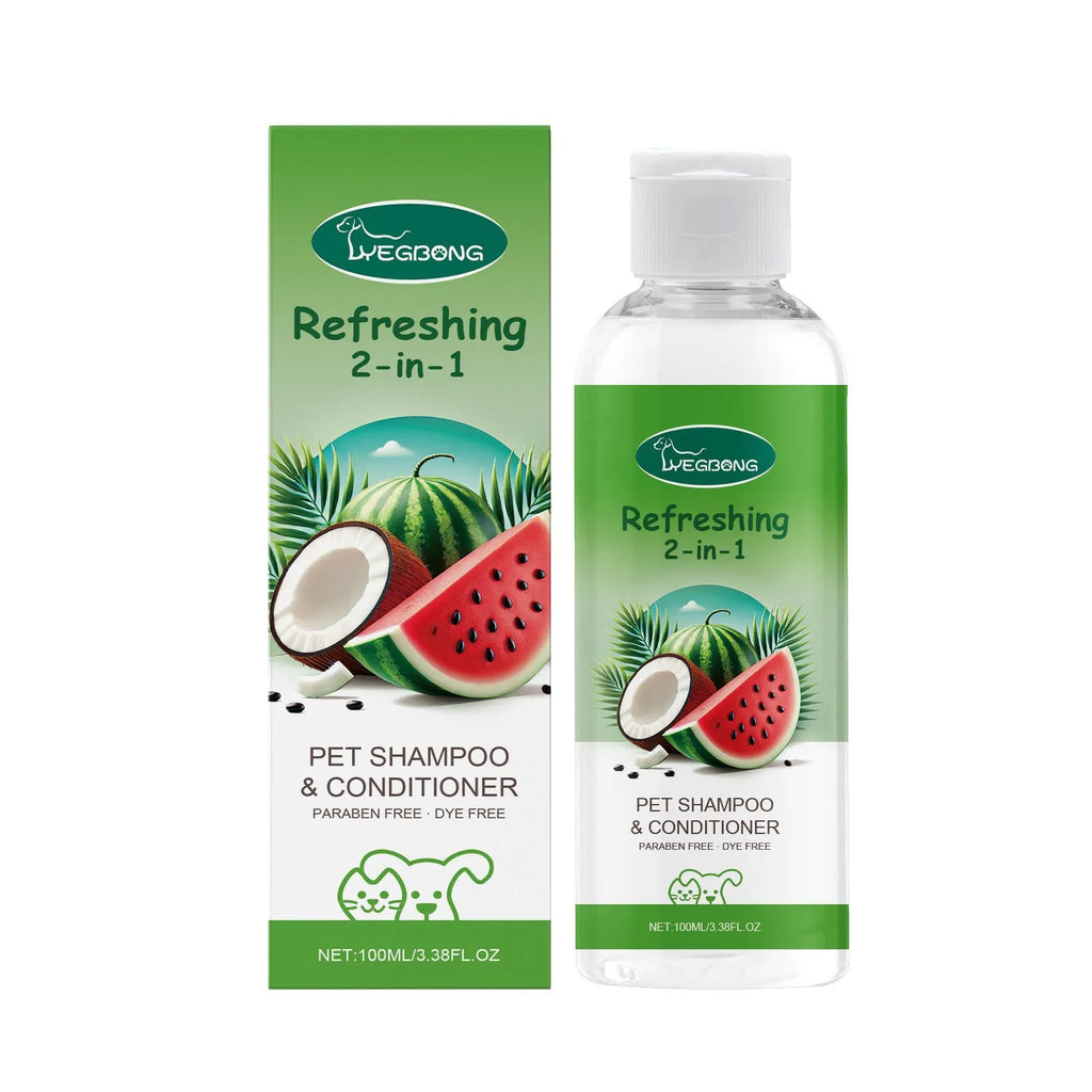 100ml bottle of 2-in-1 pet shampoo and shower gel with a gentle, sulphate-free formula for dogs and cats.