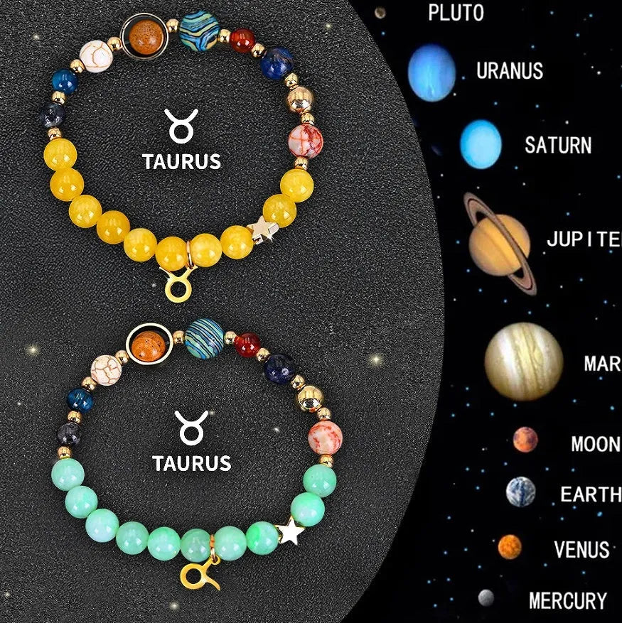 Two natural stone bead bracelets showing zodiac symbols on adjustable straps