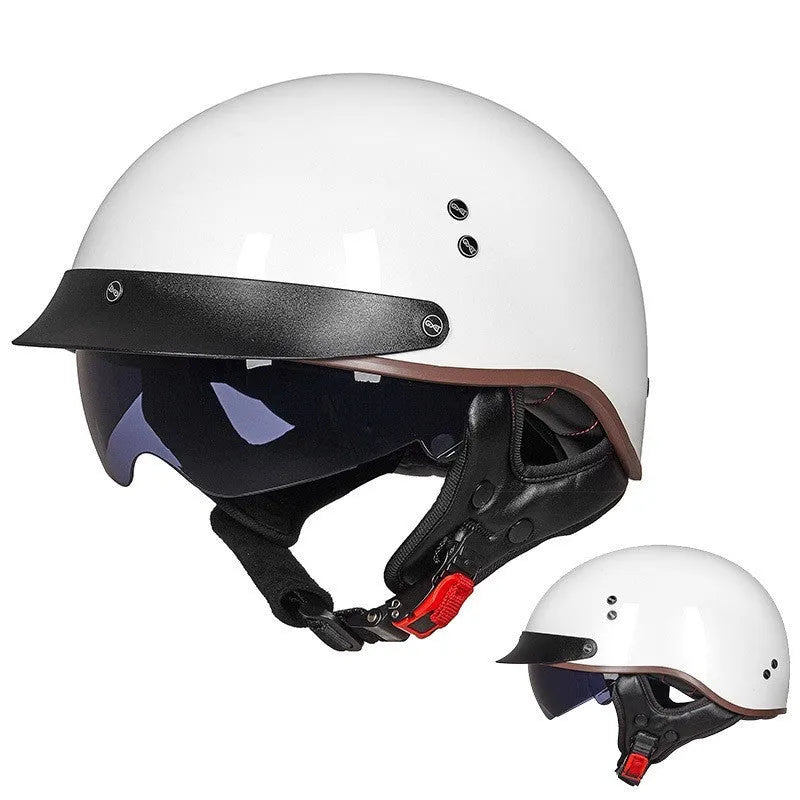 Vintage motorcycle helmet with ABS shell, EPS liner, quick release buckle, and UV protection glasses in black