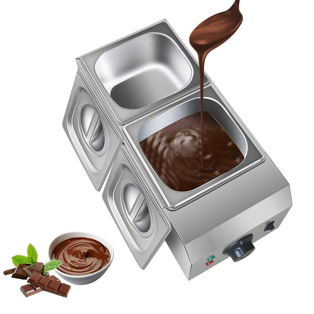 Commercial electric chocolate melting machine with double pot and digital temperature control display.
