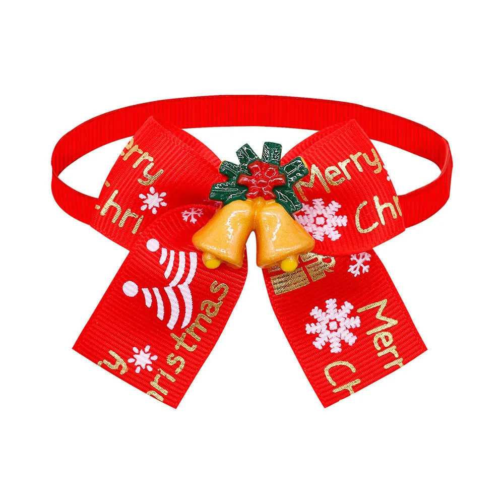 Red and green polyester Christmas pet bow tie in British style on a white background