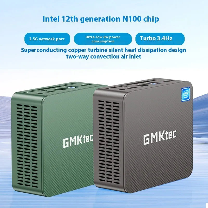 Mini computer host with 16GB memory and 1TB SSD, compact desktop PC for office and games.