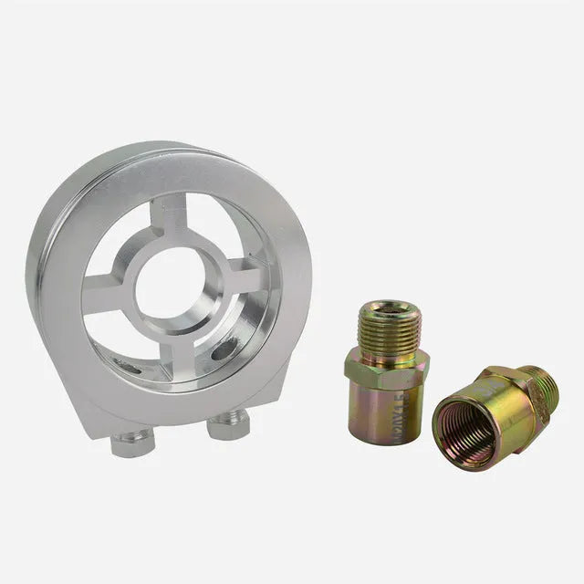 Universal aluminium alloy oil pressure gauge adapter shown in red, blue, black, gold, and silver colour options