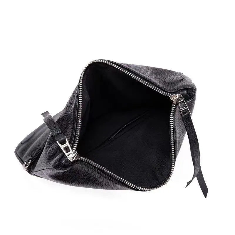 Women's black chain folding clutch shoulder bag with shell shape and crossbody strap