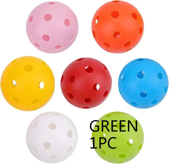 Multi-colour 42mm golf practice balls in a net pocket, showing red, orange, blue, green, white, and yellow balls.