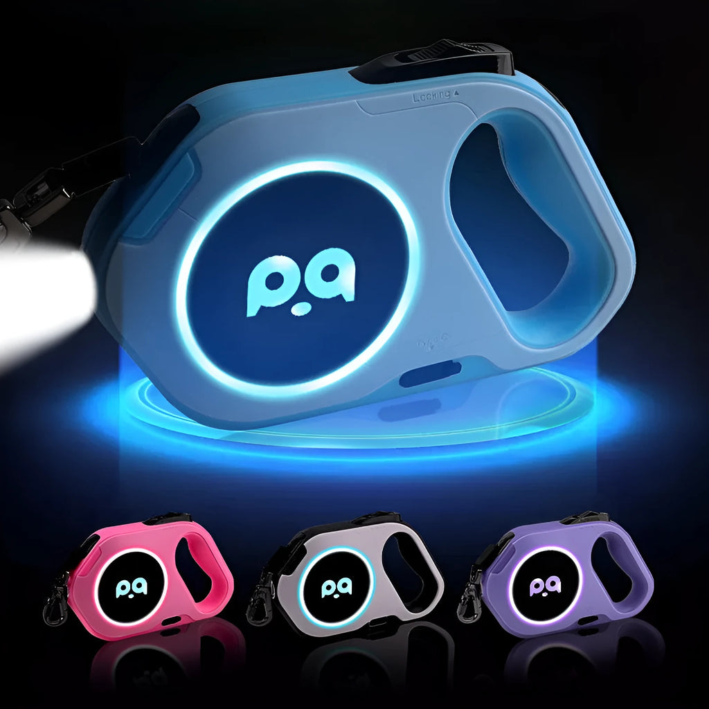New LED light retractable dog leash with USB rechargeable light in black and white on outdoor background