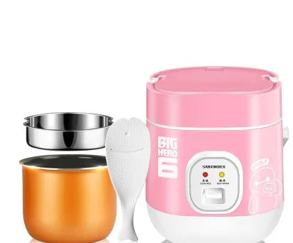 Compact round miniature rice cooker with steam pan and non-stick liner for one to two person cooking