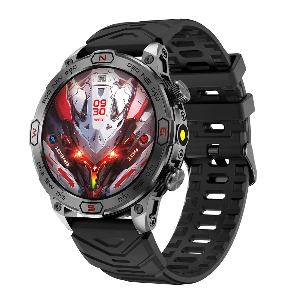 Sports smartwatch with AMOLED display in black orange camo colours showing fitness tracking features