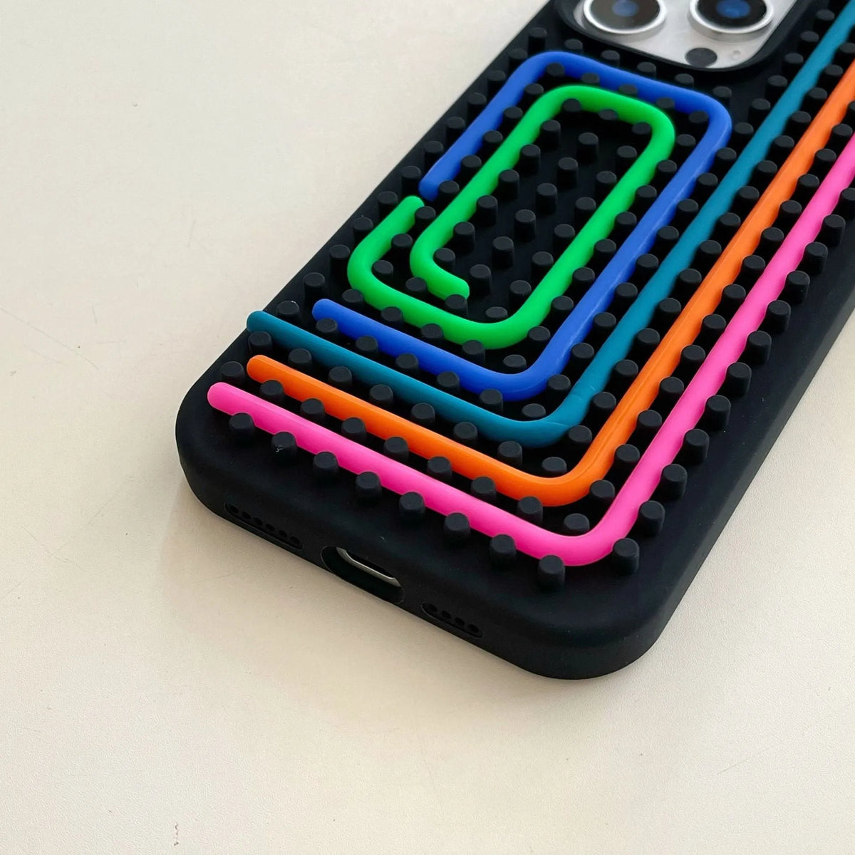 Silicone phone case with colour stripes and lanyard for iPhone 13 to 16 Pro Max in black light pink light purple white light blue light green