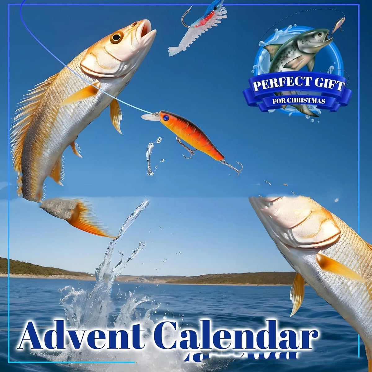 Christmas advent calendar fishing gear set 14x9x1.5 inches on a table