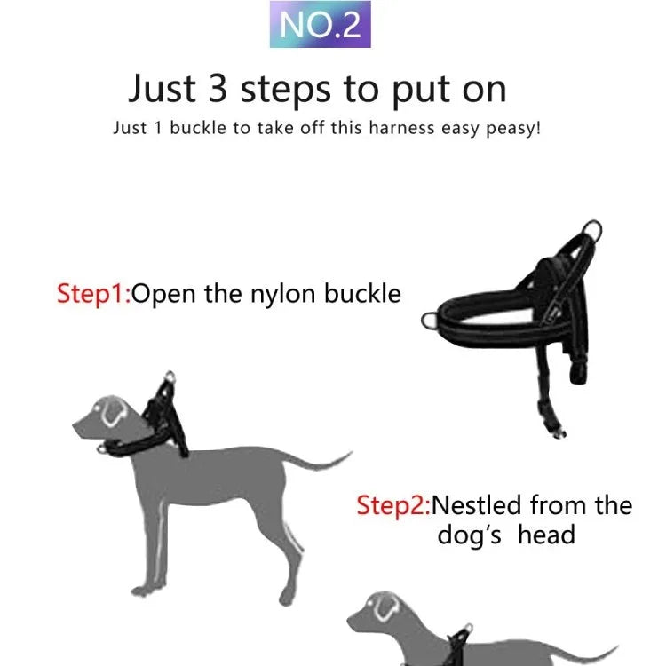 No pull dog harness: leather with padded strap, colour options Black, Blue, Pink, sizes L to XXS