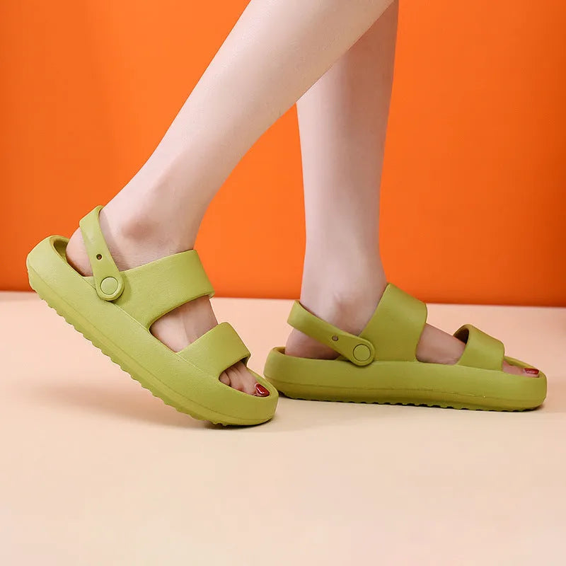 Adjustable unisex EVA sandals with 3cm thick bottom in beige on outdoor surface