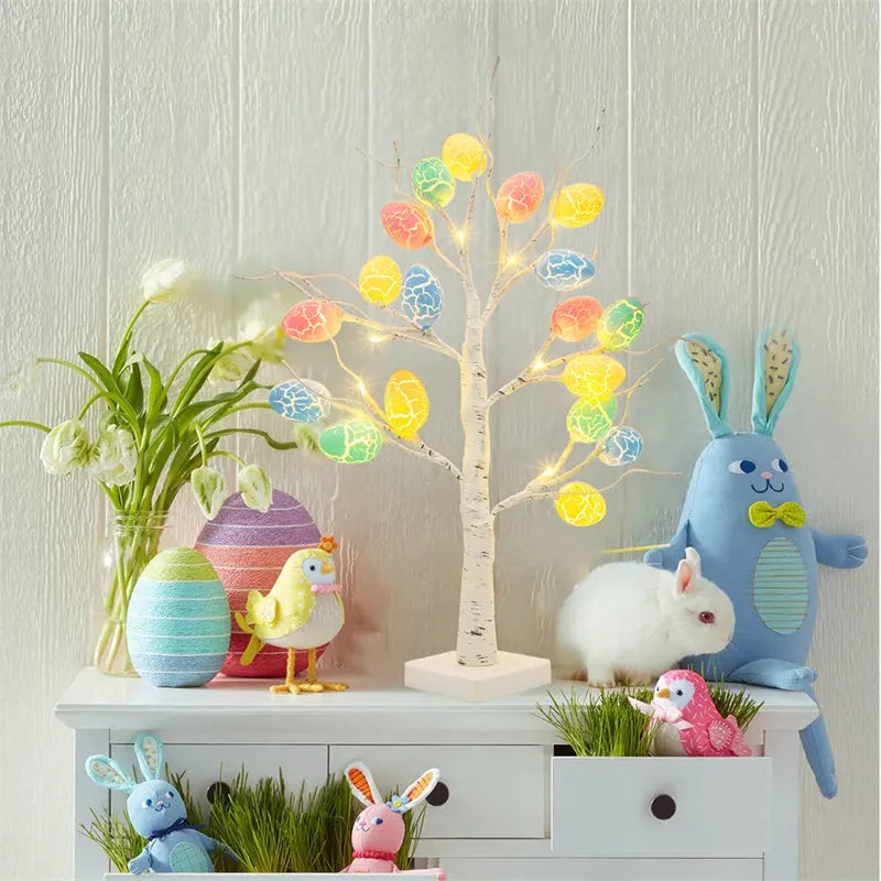60cm white LED birch tree Easter decoration with adjustable branches and hanging cracked egg ornaments