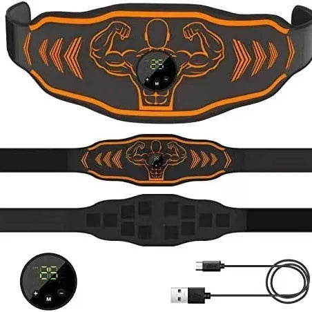 Blue and orange EMS smart massage belts with conductive pads and a rechargeable host unit for home muscle stimulation.