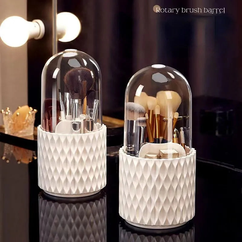 White rotating transparent acrylic makeup brush holder with dust-proof lid on desktop