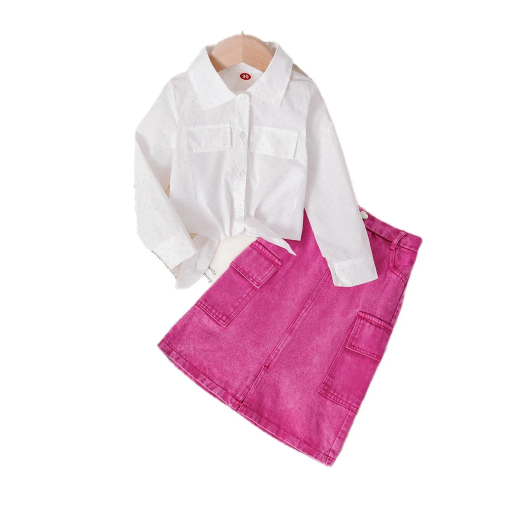 Girls pink knot-front long-sleeve top and denim shorts set, cotton, height 90-140
