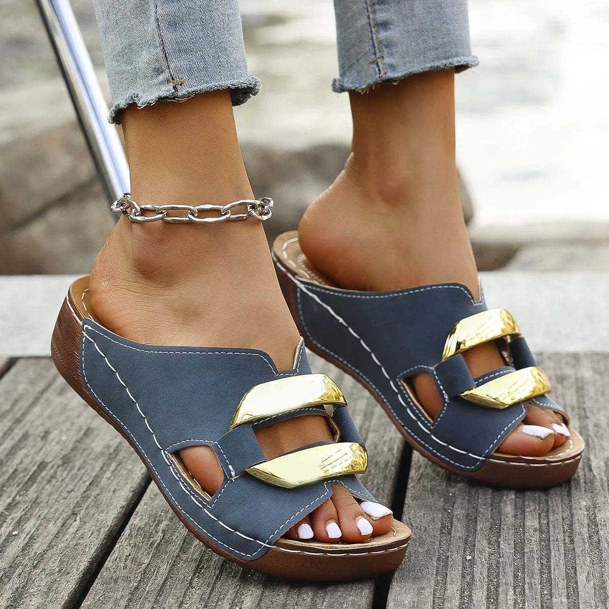 Women's Roman style platform sandals in white, black, khaki, and sea blue on a solid background.