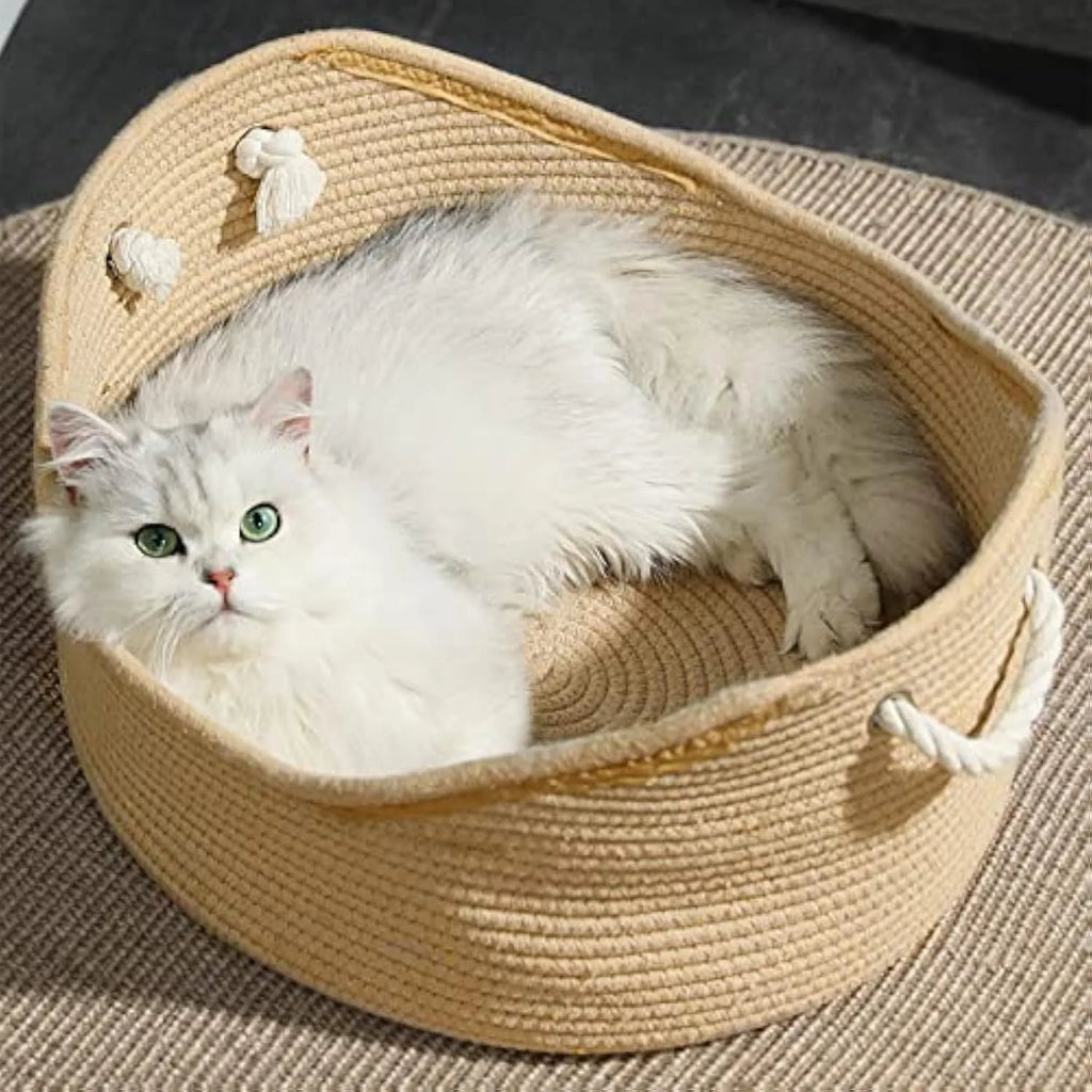 Wicker cat basket bed with integrated corrugated cardboard scratching panel, shown in large and small sizes.