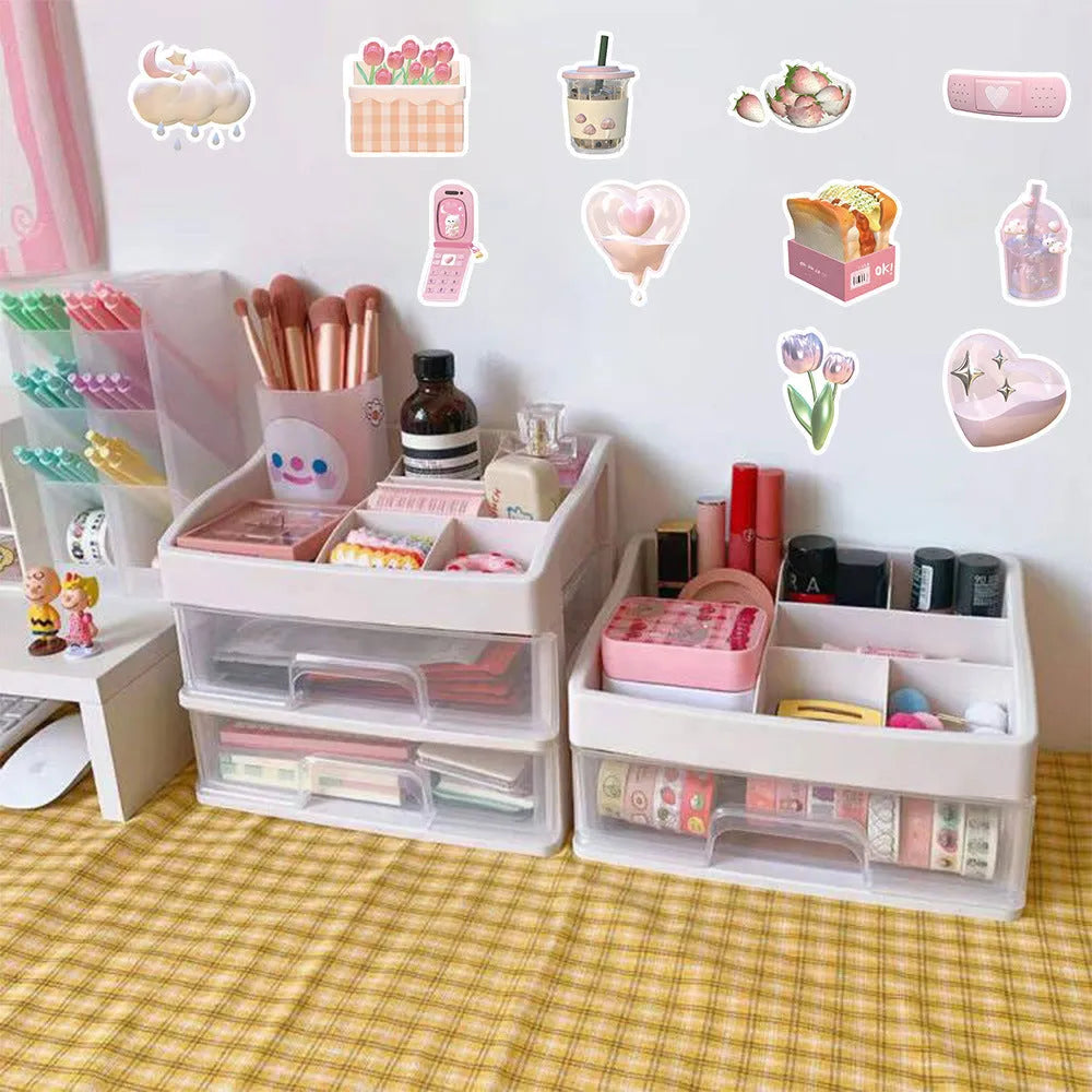 Sheet of 63 light pink 3D decorative stickers with cute girl and heart designs.
