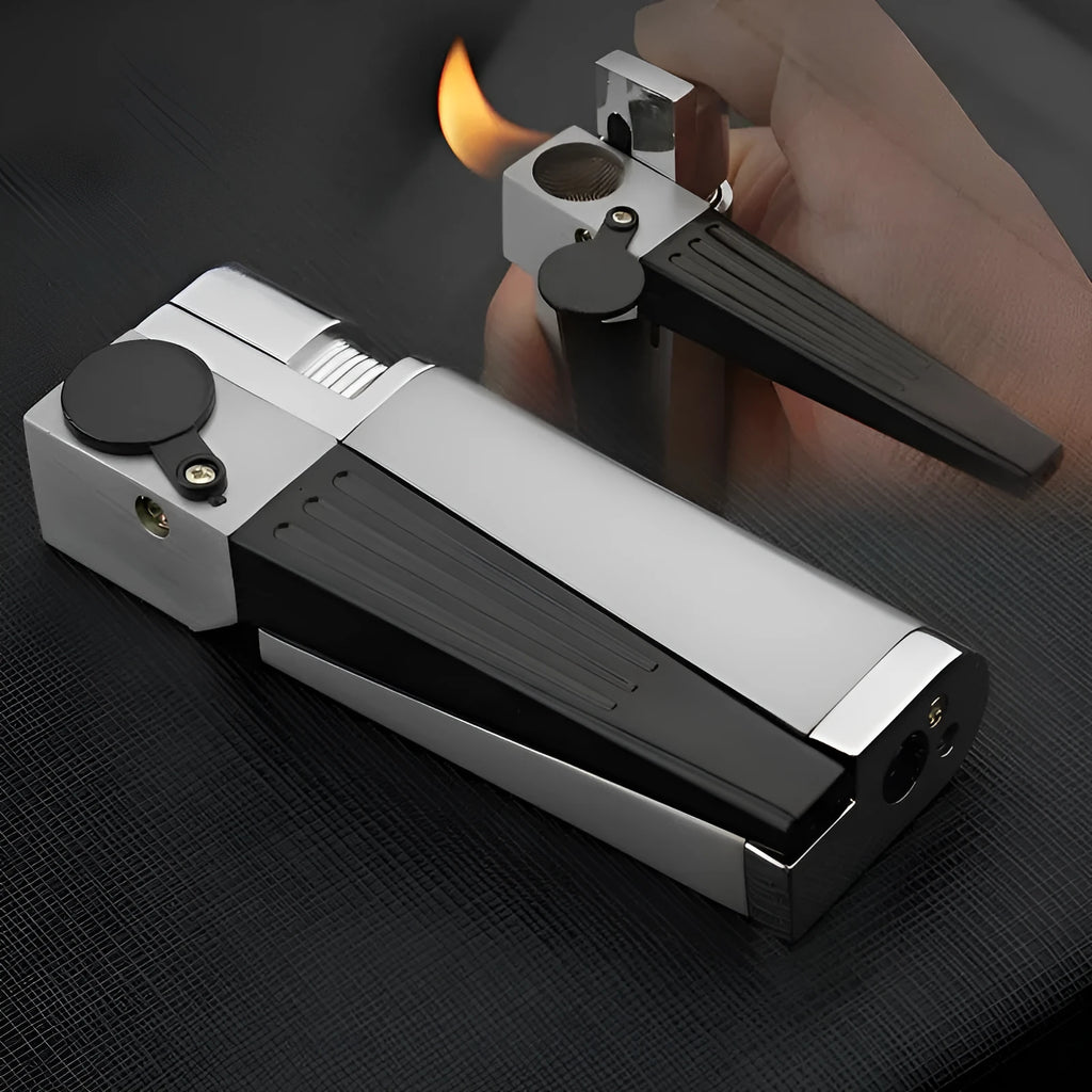 Silver foldable metal pipe lighter showing open stash compartment and ignition mechanism