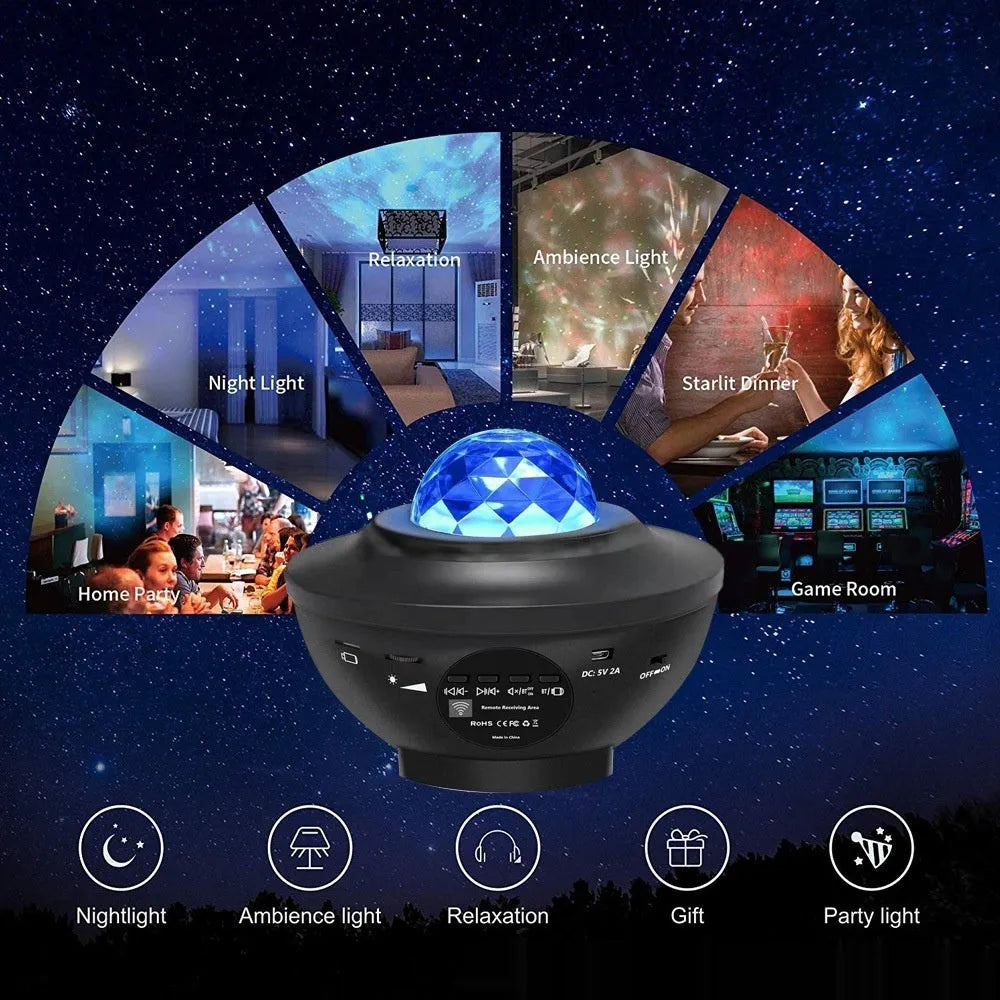 Black parallel starry sky projection lamp with rotating water ripple laser light and Bluetooth music capability on desktop