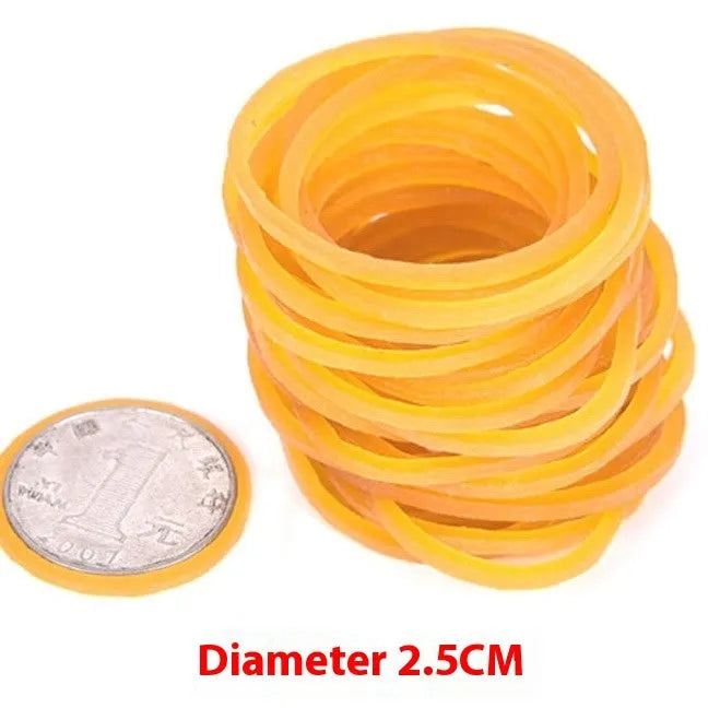 500g bag of assorted yellow rubber bands showing multiple diameters from 16mm to 70mm