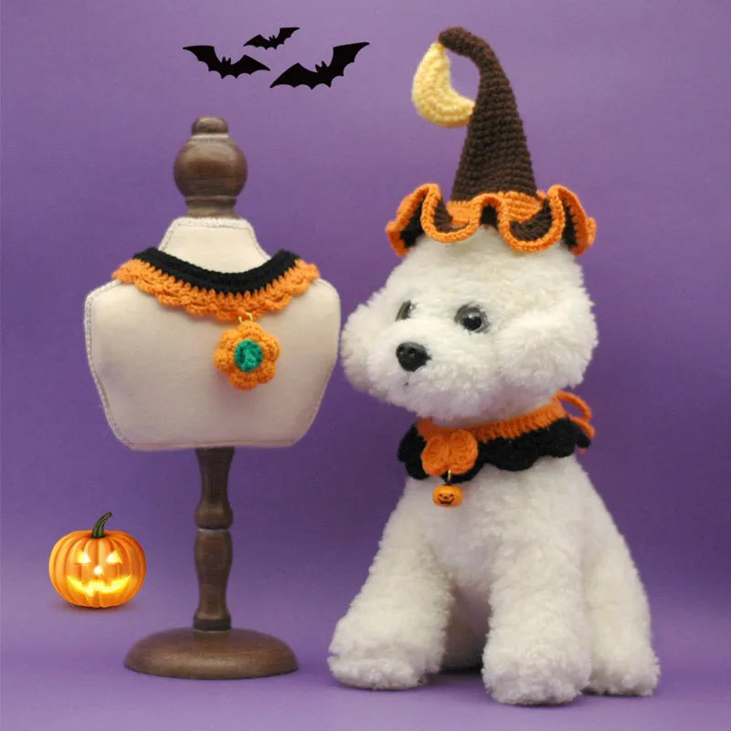 Hand-crocheted wool Halloween pet collar in pumpkin colours with adjustable sizing for cats and dogs