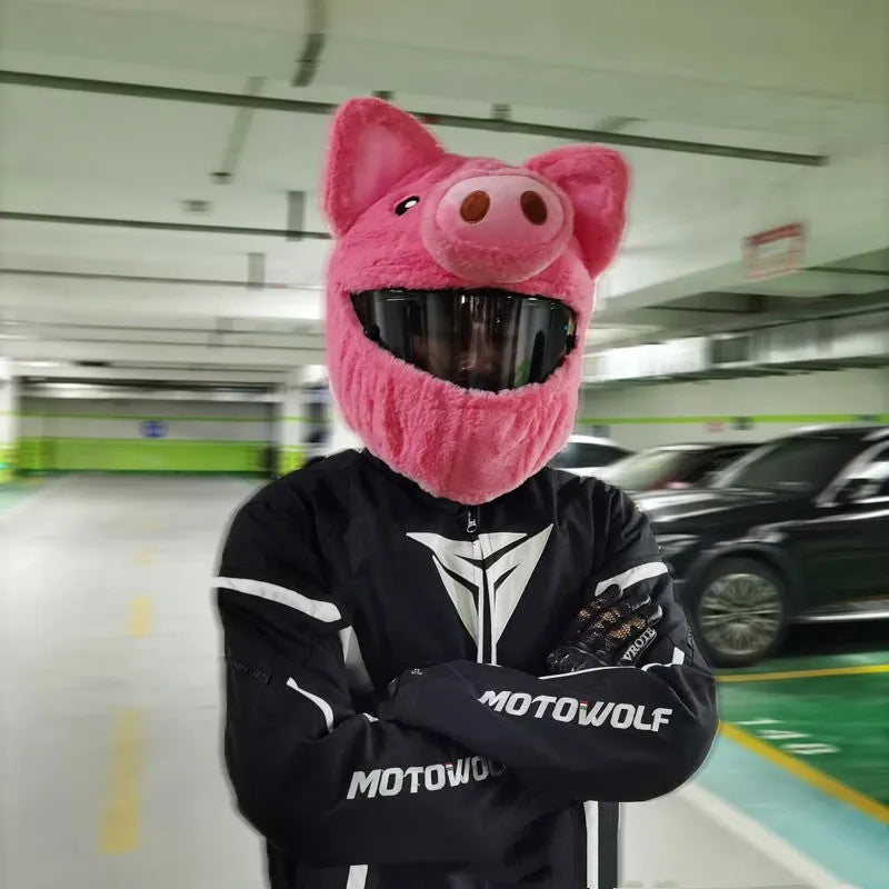 Pink pig cartoon plush helmet protective hood for motorcycle helmets with protective sleeve
