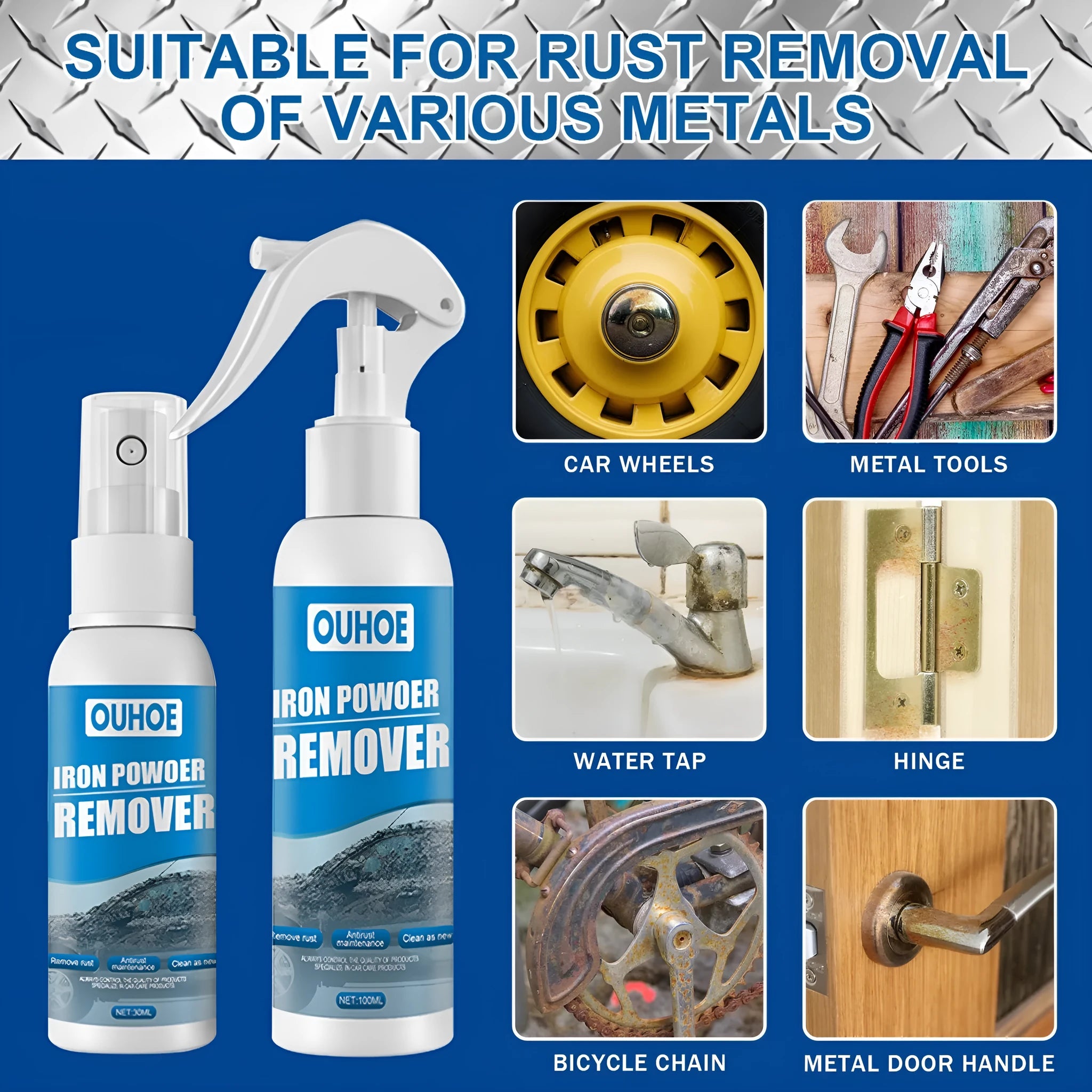 Automotive iron powder rust remover spray bottle in 30ml or 100ml size with blue sponge or towel applicator