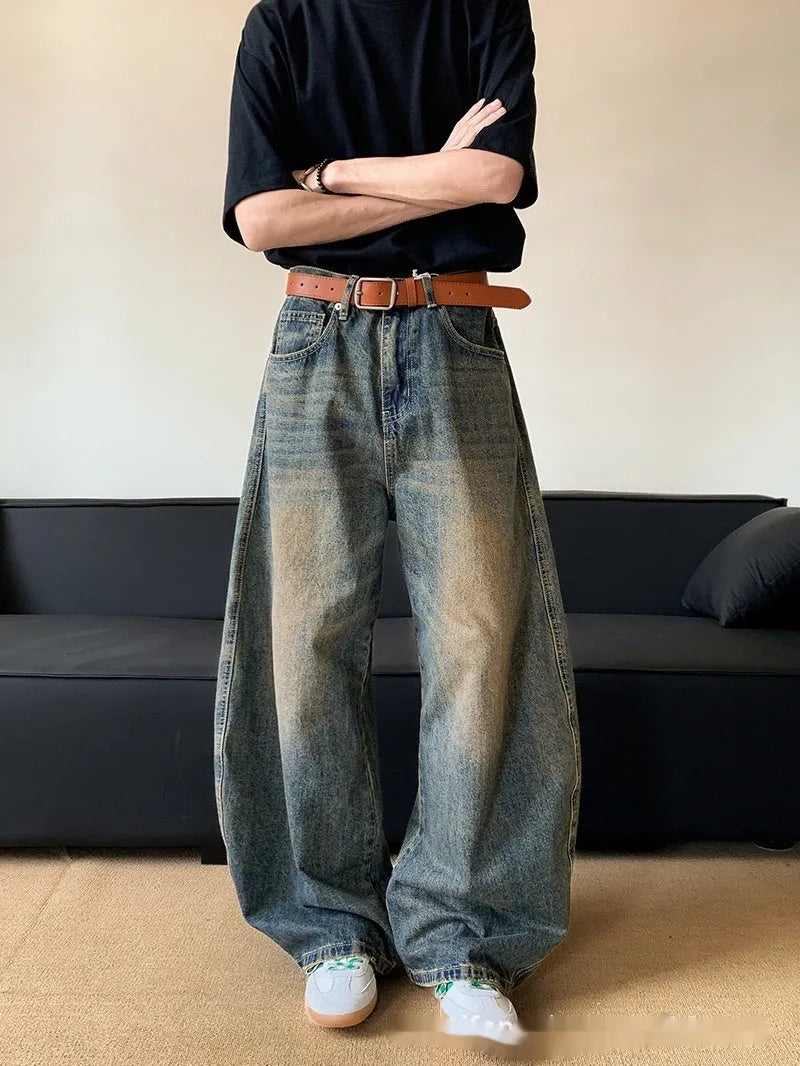 Men's retro blue distressed wide-leg jeans with micro elasticity cotton blend fabric