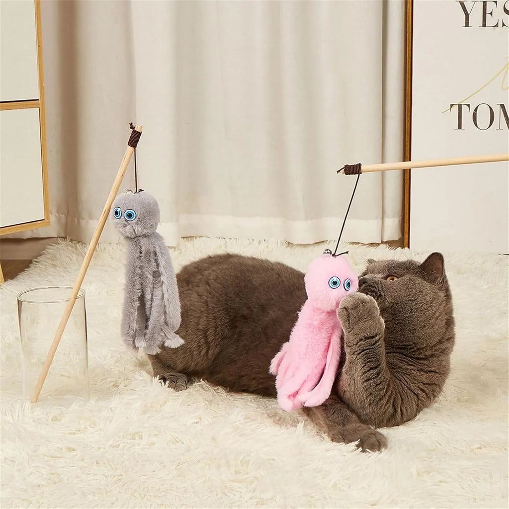 Octopus cat toy on 40cm stick in bright colours for indoor feline entertainment
