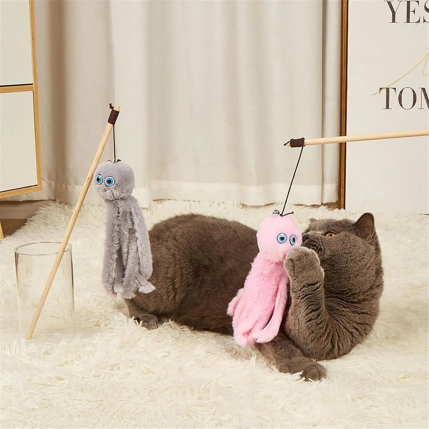 Octopus cat toy on 40cm stick in bright colours for indoor feline entertainment