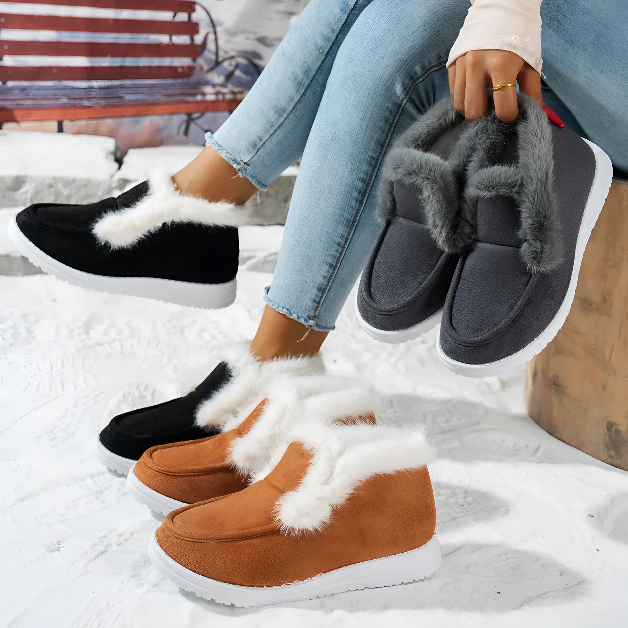 Women's cotton cloth winter boots in black, non-slip rubber sole, oversleeve style, flat heel, round toe