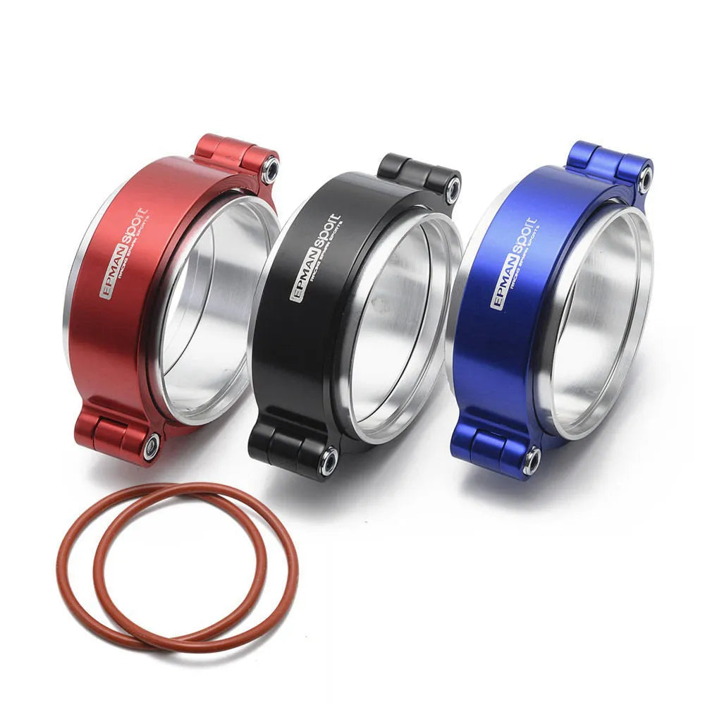 Aluminium alloy turbocharger exhaust downspout clamp in black, shown next to a 3-inch size marker.
