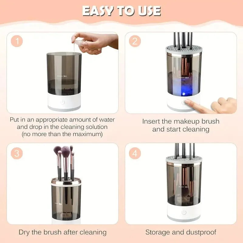 Automatic rotating makeup brush cleaner in grey or white, 16 x 9cm, with USB power cord and one-key control switch.