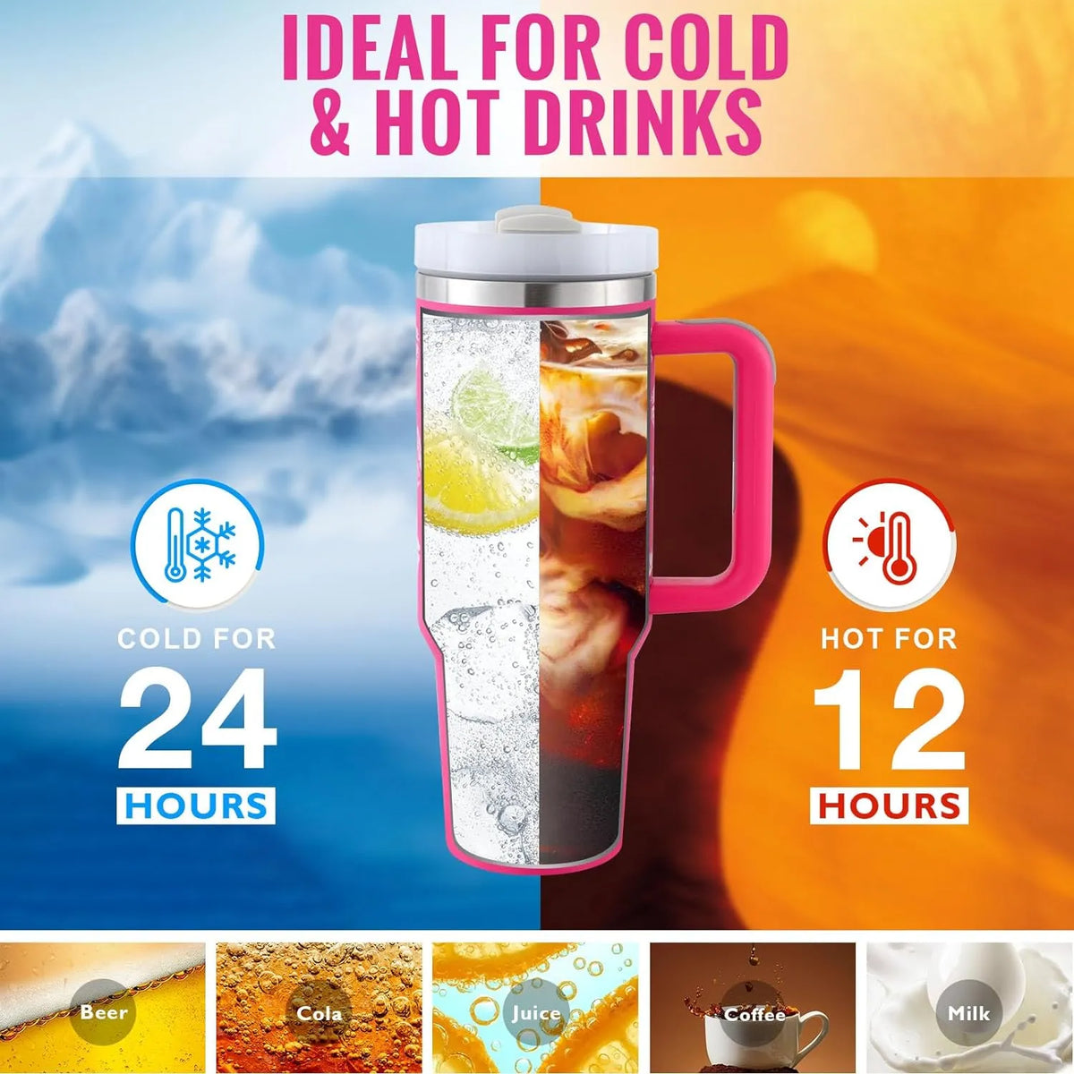40oz stainless steel insulated tumbler with handle, straw, spill-proof lid, 1200ml capacity, in assorted colours