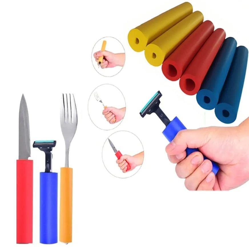 Rubber auxiliary grip hoses in a pack, showing inner diameters of 10mm and 18mm for pens and tableware.