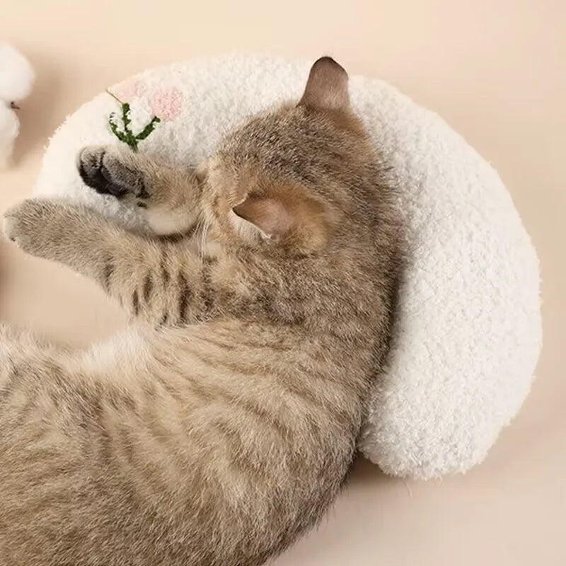 Cat sleeping mat with U-shaped neck protection pillow in moon and question mark designs