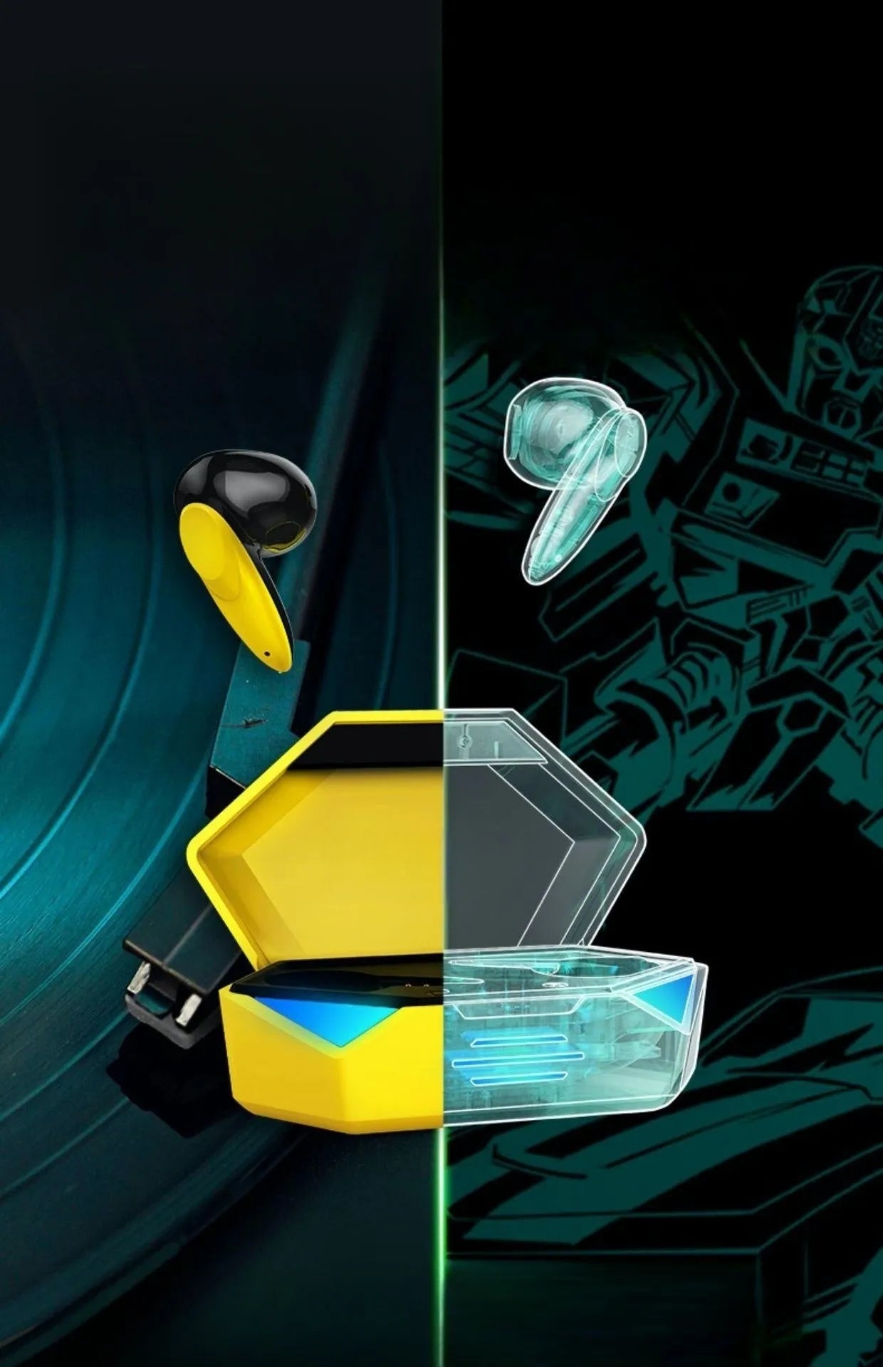 G20 Yellow TWS Bluetooth gaming headphones with charging compartment on a white background