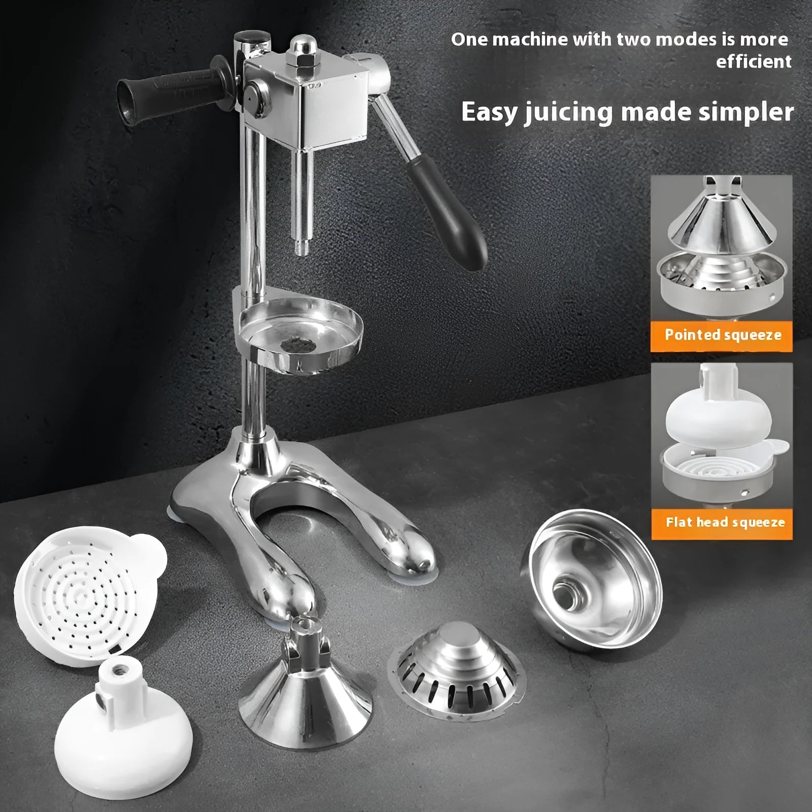 Vertical stainless steel manual citrus juicer with choice of pointed, flat, or double head in various colours.