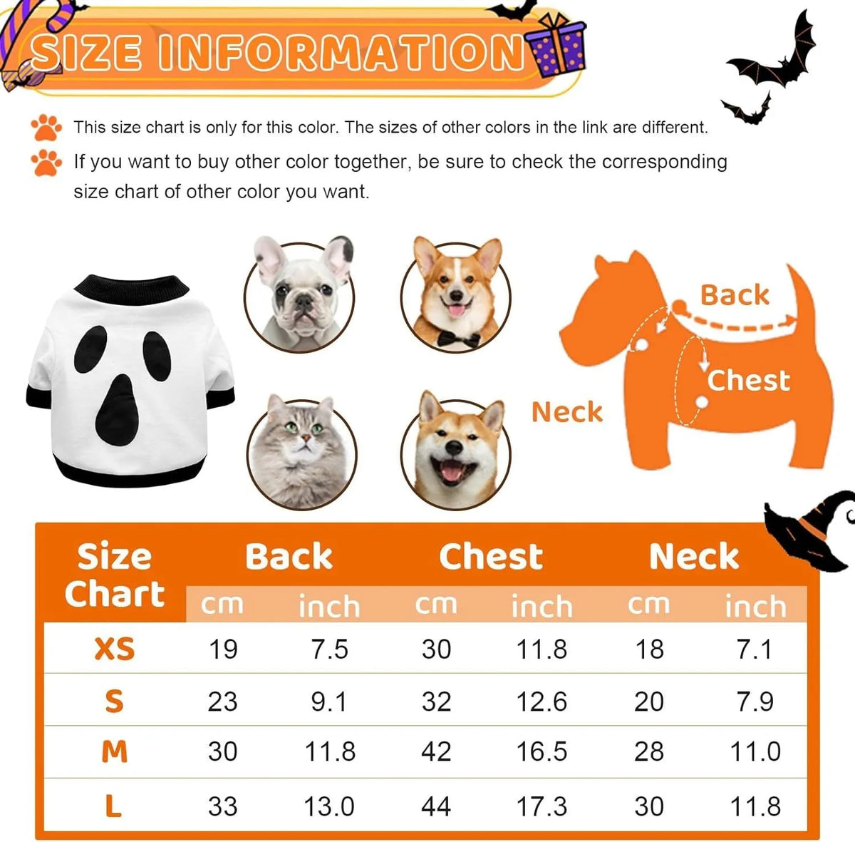Halloween dog skeleton costume sweatshirt in Orange or White for small dogs and cats, sizes XS to XL.