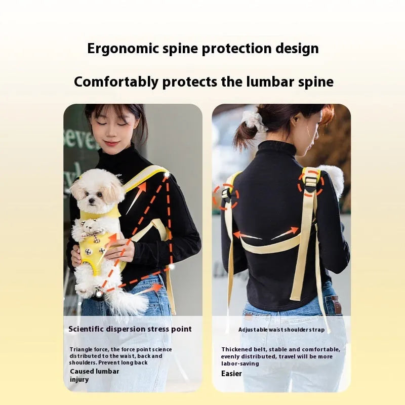 Yellow cartoon bear design soft canvas chest bag for small pets, shown with colourful stitching.