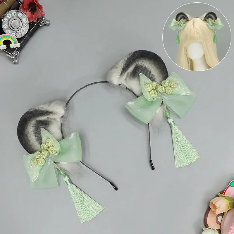 Handmade panda animal ears headband with tassel in pink, blue, green, purple – plush material unisex accessory