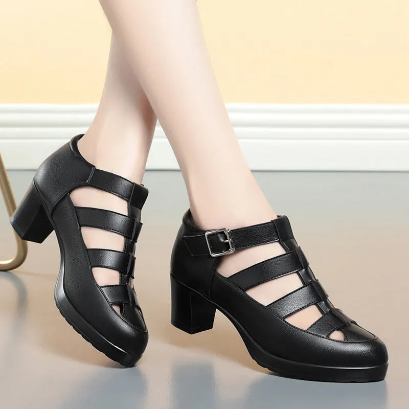 Women's closed toe sandals with chunky woven heels and adjustable ankle straps in black colour