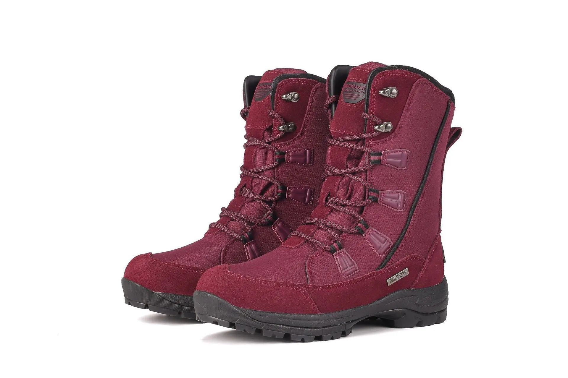 Women's black mid-calf thermal snow boots with a round toe and genuine leather upper on a rubber sole.